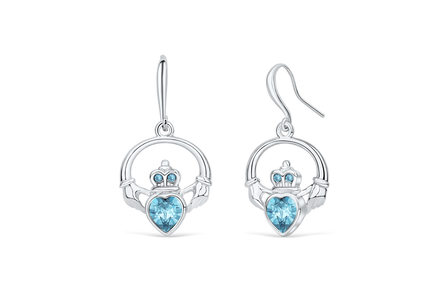 Claddagh Ring Earrings with Aquamarine Crystal